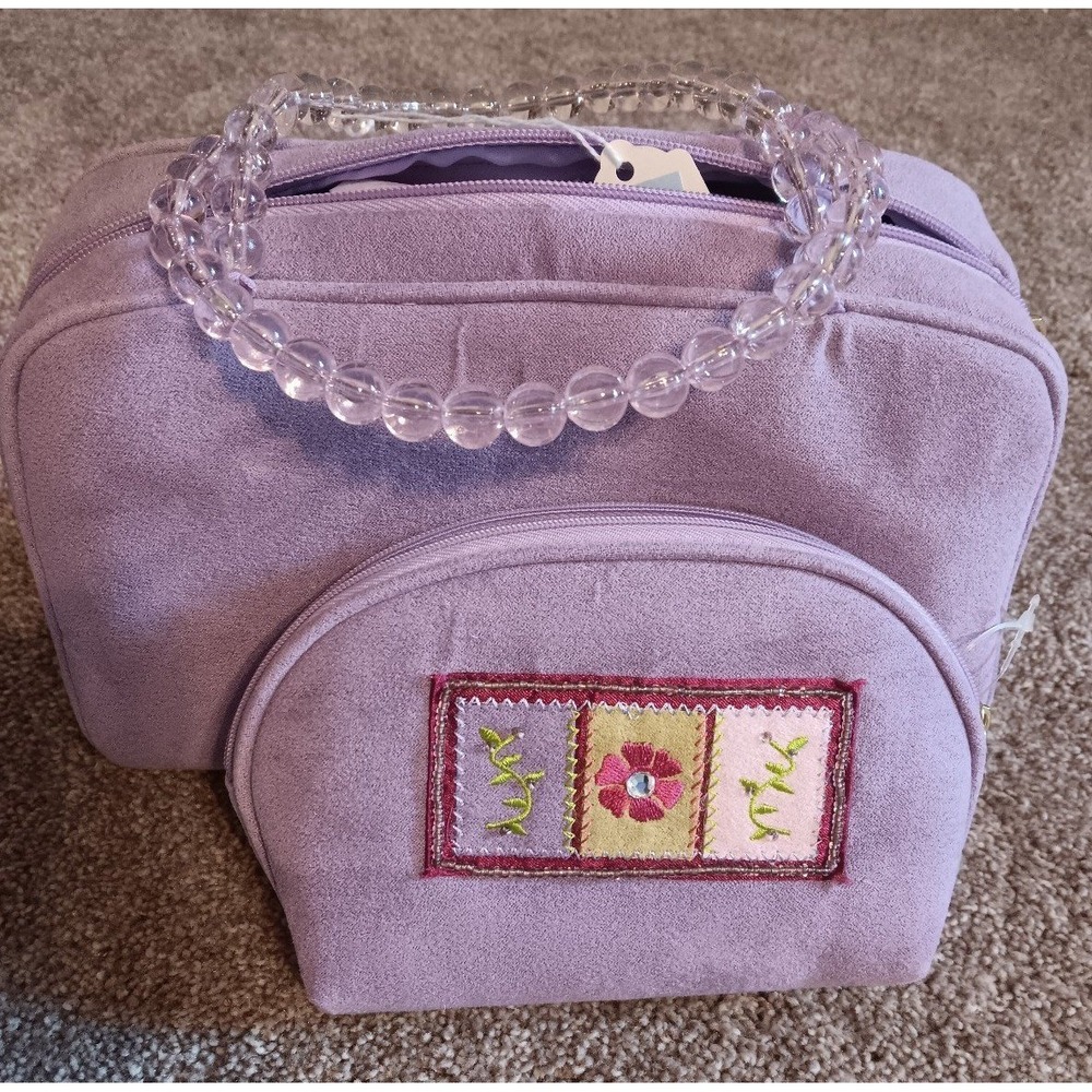 Purple Faux Suede Vanity Bag Set Clear‎ Beaded Handle Floral Embroidery NWT